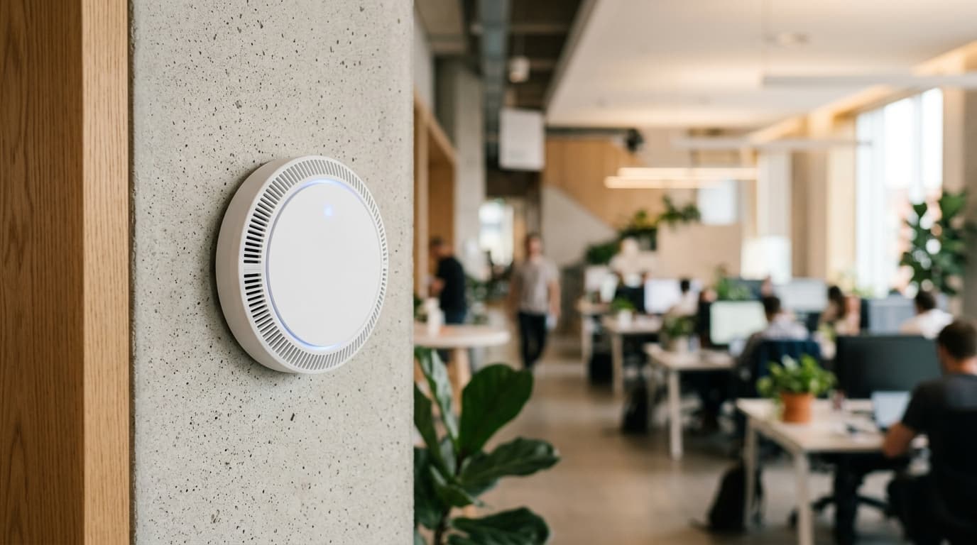 Environmental air quality sensor mounted in modern building interior