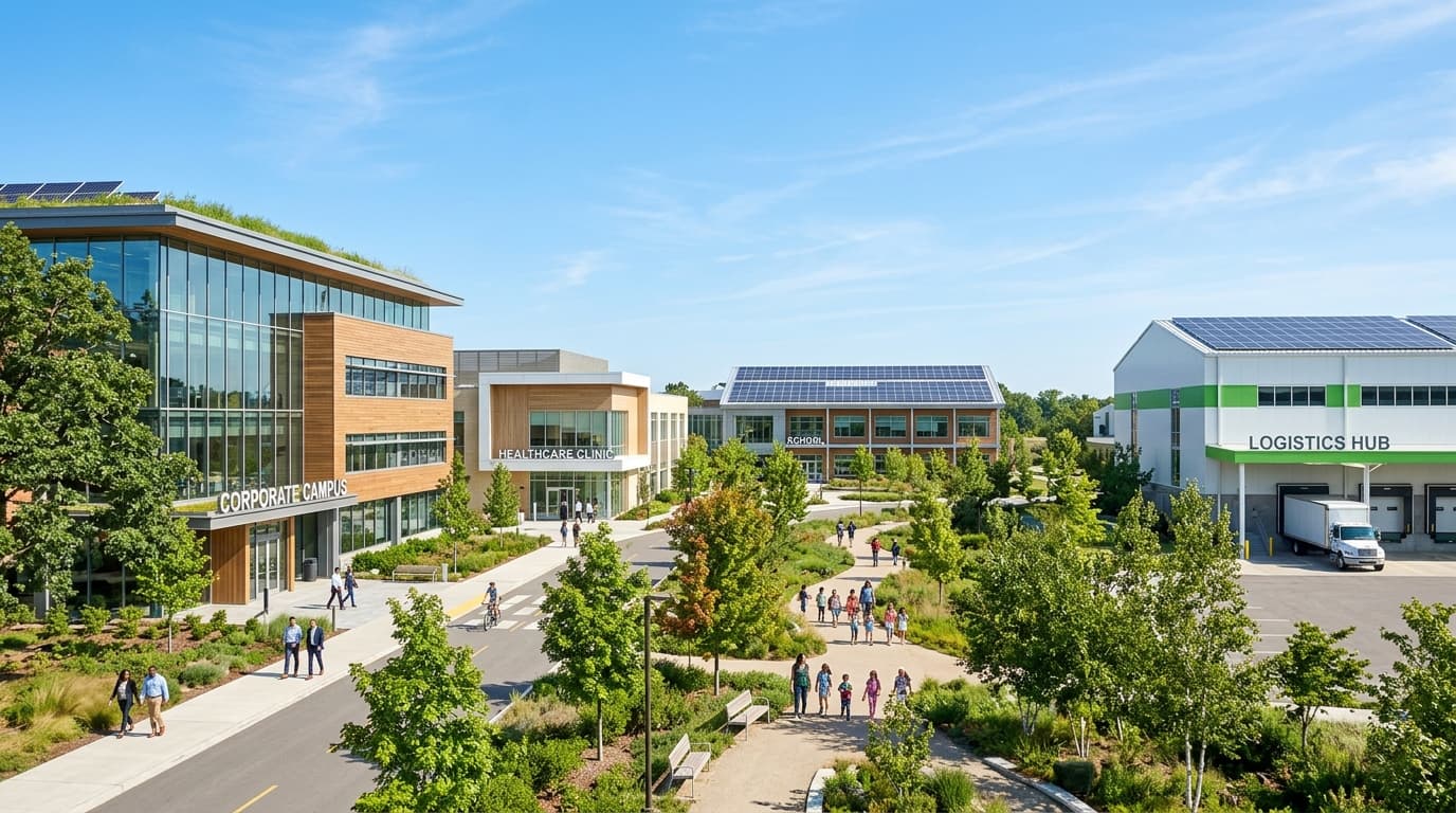 Modern architectural collage of corporate office, hospital, campus, and smart factory